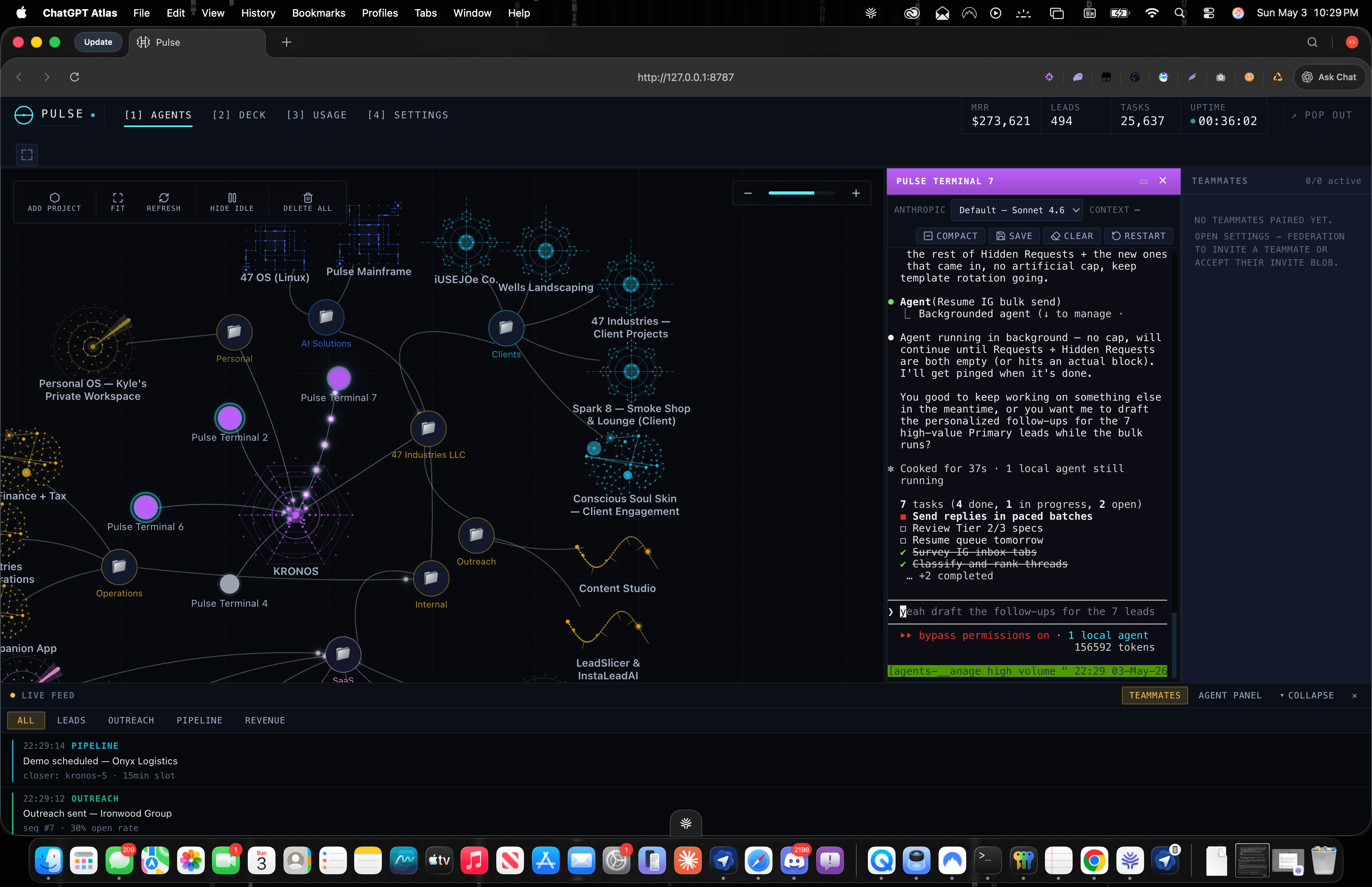 Pulse Terminal 7 — agent running an Instagram bulk-send strand in the background