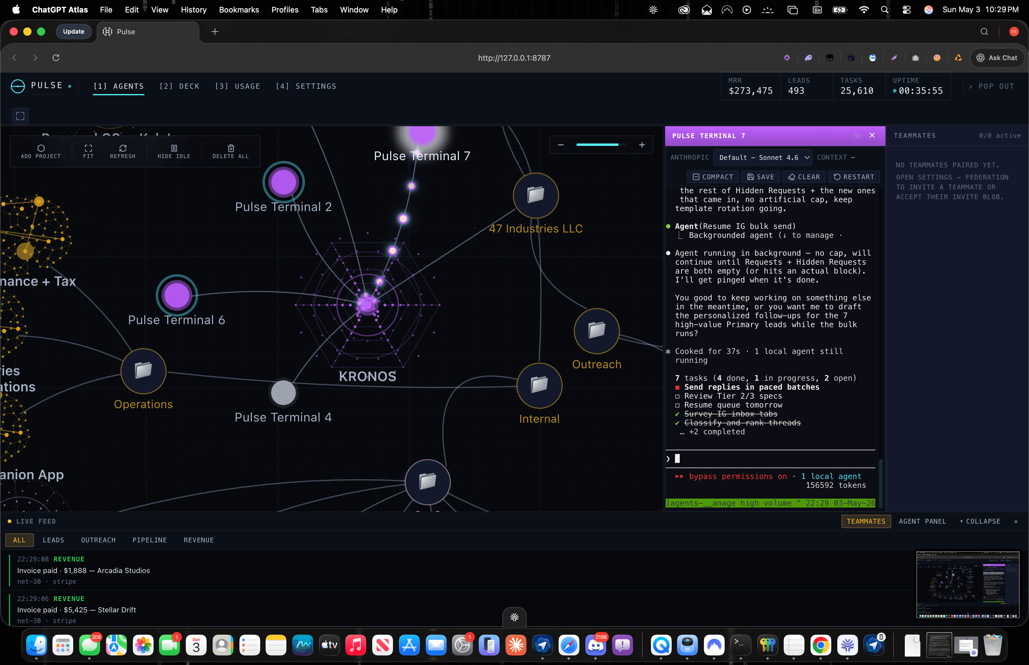 Pulse running — KRONOS agent core with orbiting Pulse Terminals