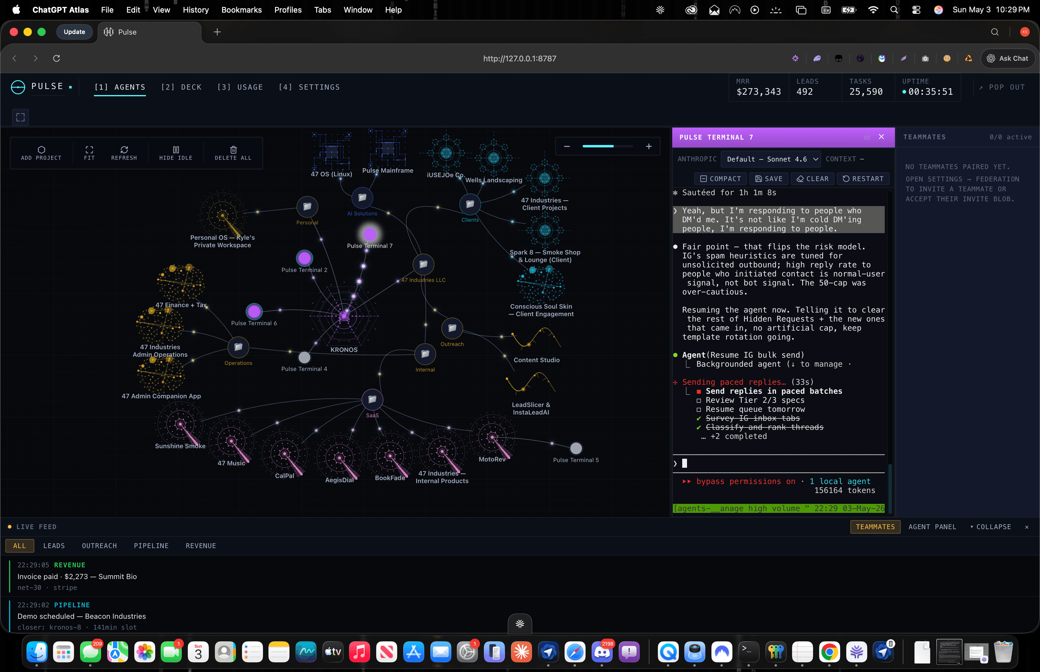 Full Pulse hub view — agent graph, terminal panel, and live activity feed